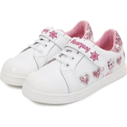 Disney New Children Casual Shoes Girls White Frozen Princess Shoes For Girls PU Leather Casual Sports Shoes Pink Kids Sneaker
