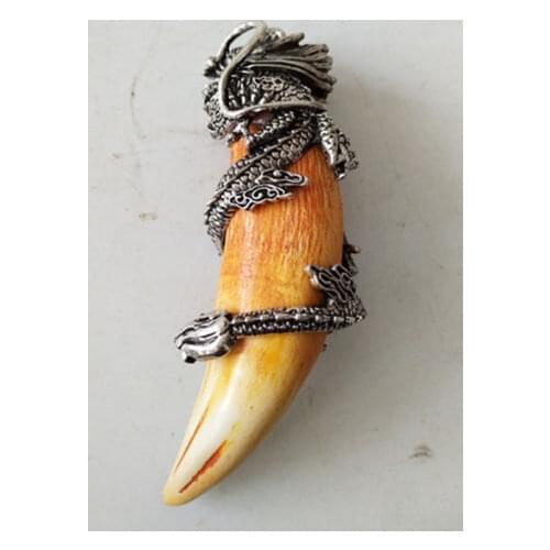 Chinese archaize Boars Tooth Wild Hog Silver Dragon protective talisman Pendant