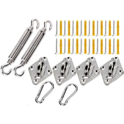 40pcs/set Sun Shade Sail Canopy Accessory 304 Stainless Steel Hardware Kit Turnbuckle Pad Eye Carabiner Clip Hook Screws Silver