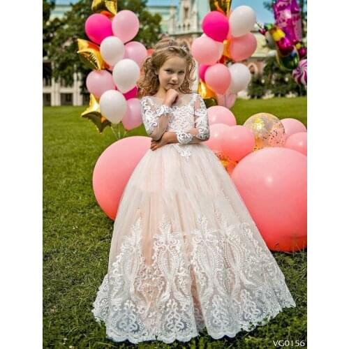 White Ivory Long Sleeve Lace Flower Girls Dresses Vintage Lace Girls Birthday Dresses Ball Gowns Princess Ball Gowns Girls Party