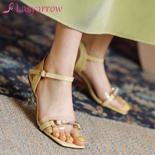 Lasyarrow 2021 New Arrive High Heel Sandals Women Shoes Top Quality PVC Leather Footwear Chain Buckle Fashion Casual Shoes Woman