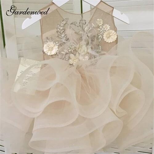 Tiered Ruffles Flower Girl Dresses Illusion Tulle Communion Dresses Appliques Flowers O-Neck Short Girls Wedding Party Dresses