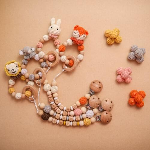 2 Pc/set Baby Personalized Name Pacifier Chain Teething Bracelets Set Crochet Lion Fox Infant Teether Teething Soother Toys Gift