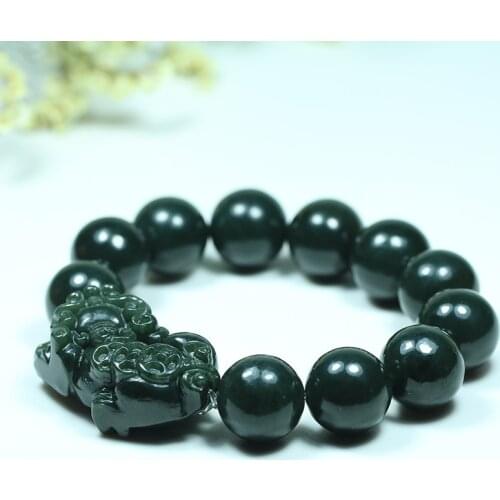 Natural Hetian Jade 16mm beads Pixiu Elastic Bracelet Charm Jewellery Fashion Accessories Hand-Carved man woman Amulet Gifts