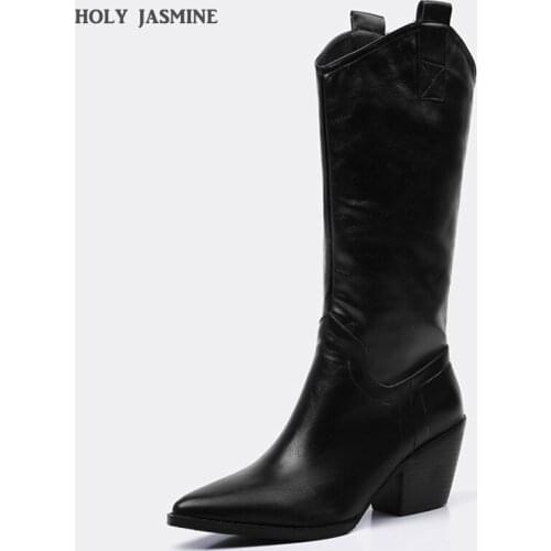 New Spring/Autumn Boots Women Knee-High Wedges Women Boots Microfiber Slip-On Pointed Toe Shoes High (5cm-8cm) Oversized 34-45