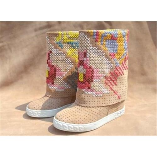 Embroidery Botines mujer genuine leather platform shoes ankle boots height increasing wedges snow boots woman botas motorcycle