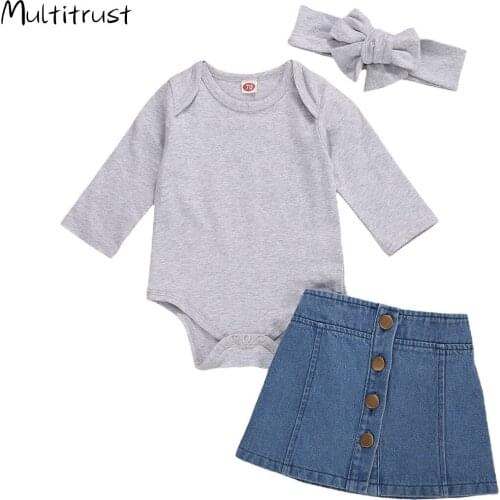 2020 Autumn Baby Girls Clothes Sets Solid Long/Short Sleeve Bodysuit Tops+ Denim A-Line Skirts+ Headband 3pcs