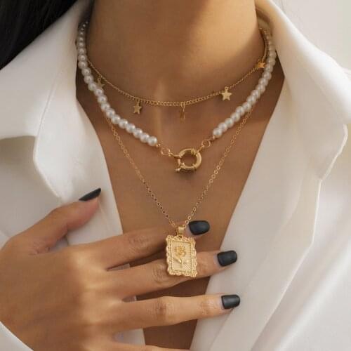 Vintage Multi-layer Pearls Rose Square Pendant Layered Necklce Clavicle Chain Women Charm Party Wedding Jewelry Gifts