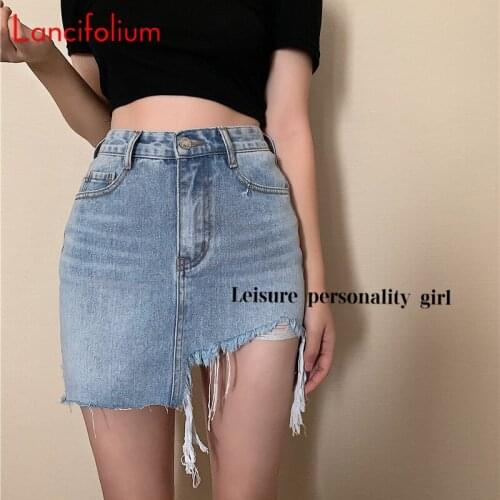 Sexy E Girl High Waist Irregular Tassel Jeans Plus Size Denim Ripped Club Night Korean 90s Pencil Mini Skirt Summer Women 2021