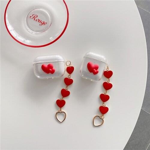 Luxury Glitter Clear TPU Soft Earphone Case For apple Airpods 1 2 3 Pro Bluetooth Headset Cover Box Shell Red Heart keychain