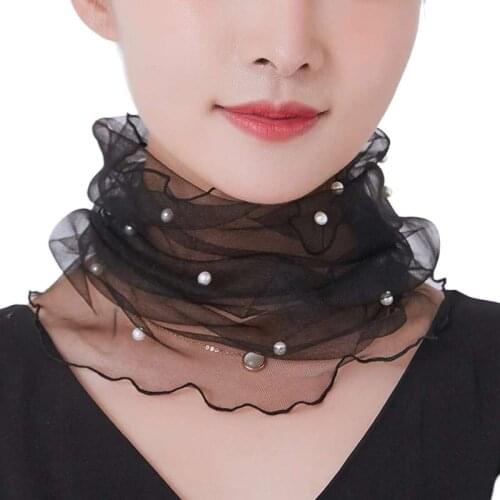 Women Imitated Pearl Net Yarn Scarf Fashion Spring Summer Autumn All-Match Scarves Fake Collar Neckerchief Headwear 12 Colors