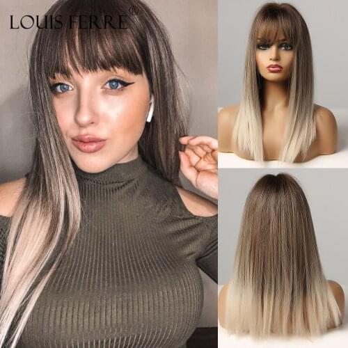 LOUIS FERRE Synthetic Wigs with Bangs for Women Heat Resistant Medium Straight Wig Blonde Ombre Brown Glueless Cosplay Fake Hair
