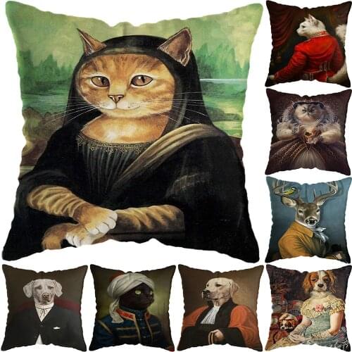 Nordic Cat Dogs Animal Vintage Painting Pillow Cover Car Decor Cushion Cover Home Hotel Pictures Sofa Bed Cushion Cover 45x45cm
