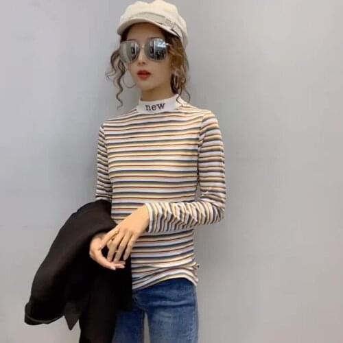Rainbow striped bottoming shirt womens half high collar 2020 new embroidered inner slim long-sleeved T-shirt top