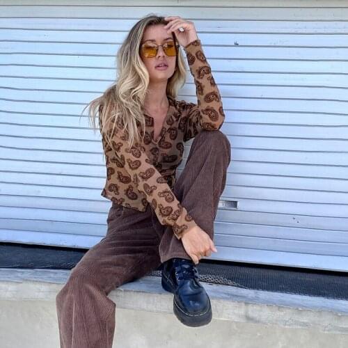 Women Printing Slim T Shirt Button Turn-down Collar Long Sleeve Street Clothing Fashion See-Through Lady Casual Top