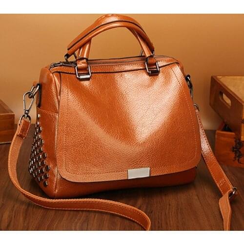 Womens Litchi pattern rivet handbag Fashion wax leather handbag Simple pashmina cover Shoulder Messenger Bag