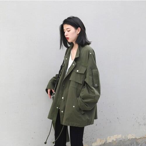 Woman Windbreaker Retro Street Drawstring Waist Tooling Windbreaker Jacket 2020 New Fashion Loose Casual Jacket Female