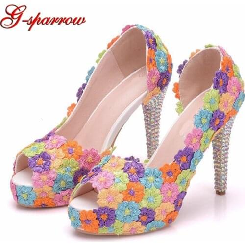 Lady Fashion High Heels Peep Toe Wedding Shoes Platforms Multicolor Lace Flower Cut-out Sandals Handmade Women Party Prom Pumps