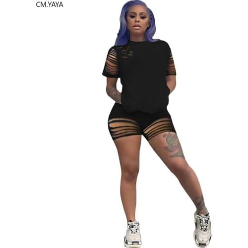 CM.YAYA Sport Women Solid Two Piece Set Hole Hollow Out T-shirts Shorts Jogger Sweatpants Suit Tracksuit Matching Set Outfits