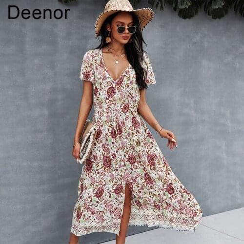 Deenor Summer Women Dresses Sexy V-neck Printed Women Dress Beach Elegant Dresses Bohemian Long Backless Sundress