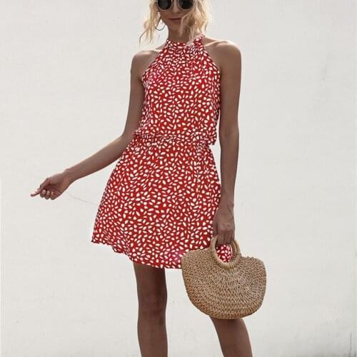 Summer Women Dress Vintage Floral Print Midi Dress lace-up halter neck Loose 3 Colors Ladies Sleeveless Pleated Women Dress 2021