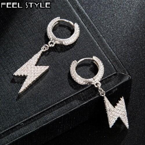 Hip Hop 1Pair Iced Zircon Lighting Earring Gold Gold Color Micro Paved AAA+ Bling CZ Stone Earrings For Men Jewelry