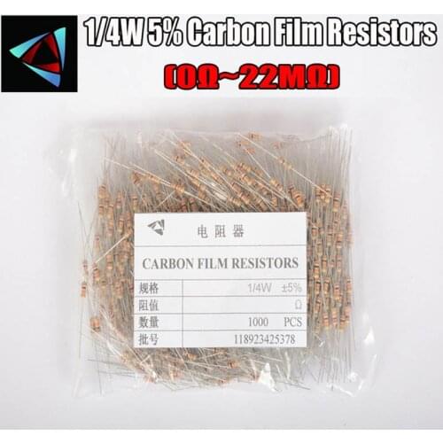 1000pcs 1/4W 0.25W 5% Carbon Film Resistor 0R ~ 10M 100R 220R 330R 1K 2.2K 3.3K 4.7K 10K 22K 47K 100K 0.47 100 220 330 680 ohm
