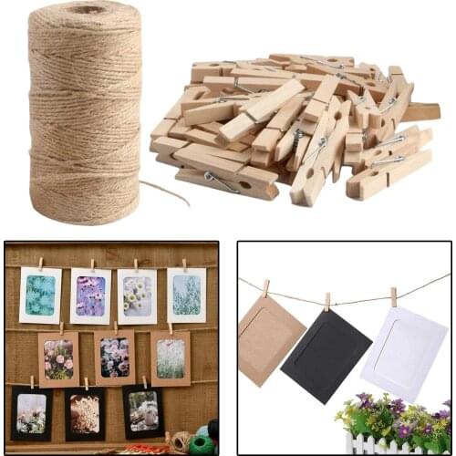 100x Wooden Photo Clips, Natural Wood Clothespins Clothe Photo Clip Peg Paper Craft DIY Clip with 100 M Jute Twine Rope