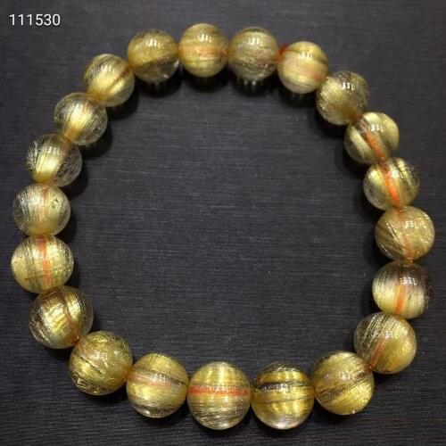 9mm Natural Yellow Gold Rutilated Quartz Crystal Clear Round Beads Stretch Bracelet Wealthy Stone AAAAA Certificate