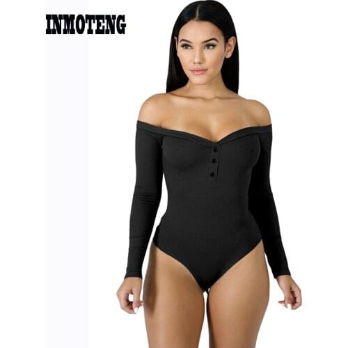 Autumn Winter Vintage femme Black/Rust Red Button Front Off Shoulder Long Sleeve Bodysuit Women Combinaison Femme