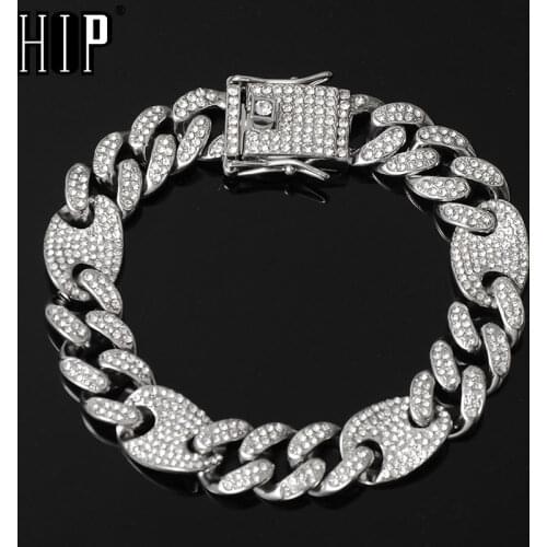 Hip Hop 12MM Bling AAA+ Iced Out Alloy Rhinestones Coffee Bean Miami Cuban Link Chain Bracelet For Men Rapper Jewelry