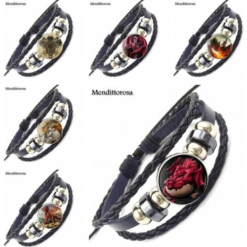 New Arrival Glass Black Leather Bracelet Bangle Statement Women Round Jewelry For Men Women Punk Dragon Wings