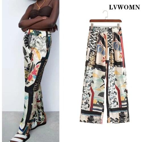 LVWOMN Za Pants Women 2021Summer Patchwork Print Pants Woman High Waist Fashion Elastic Waist Side Pocket Casual Woman Trouser