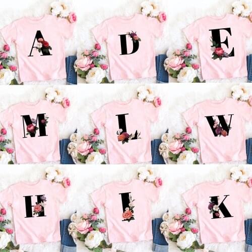 Plant Letter Alphabet Name Novelty Girls Pink Tshirt Kawaii Casual T Shirt Boys Unisex Kids Clothing O-Neck Girl Clothes Summer