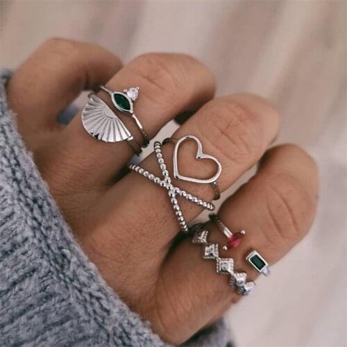 Docona 6pcs/set Vintage Antique Shell Love Heart Rings for Women Metal Rhinestone Midi Alloy Rings Jewelry Accessories 14406