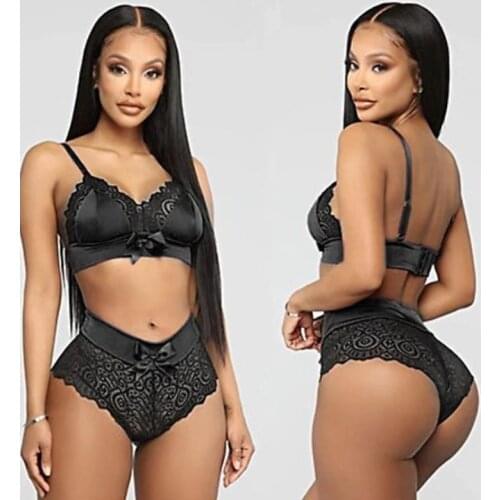 2Pcs Sexy Lingerie Set Women Lace Pattern Bow Satin Trim Straps Bra Set Halter Open Deep V Hot Erotic Underwear Sets