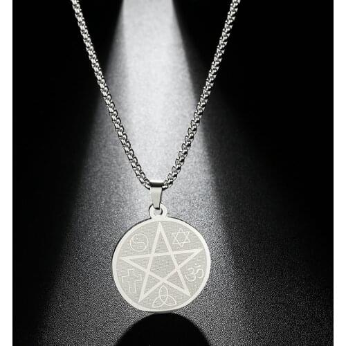 Cxwind Stainless steel Round Pendant Multicultural Pentacle Medallion pendants necklaces chain Jewelry for Womens Men Gift
