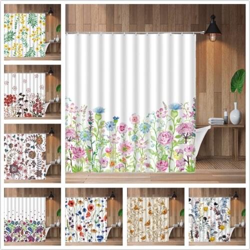 Hot Flower Butterfly Shower Curtains Water Color Spring Floral Plant Green Leaf Rose Bathroom Decor Polyester Cloth Curtain Set