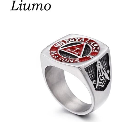 Liumo Fashion Punk Style Red Color Masonic 316L Stainless Steel Men Biker Ring Lr916