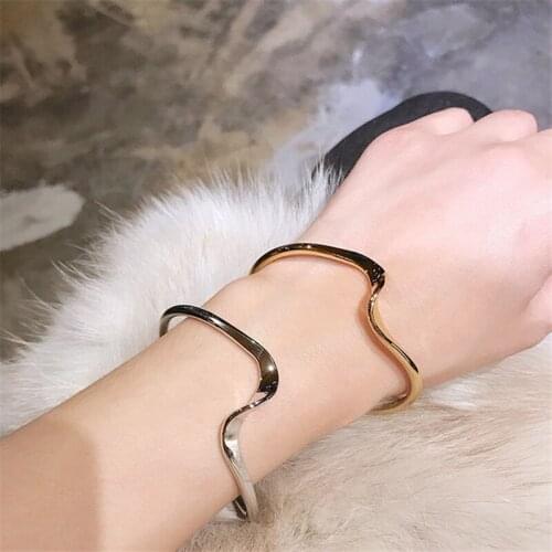 Luokey Womens Elegant Wedding Bangles Rose Gold Silver Color Korean Simple Open Cuff Wave Bracelets Bangles For Girls Jewellery