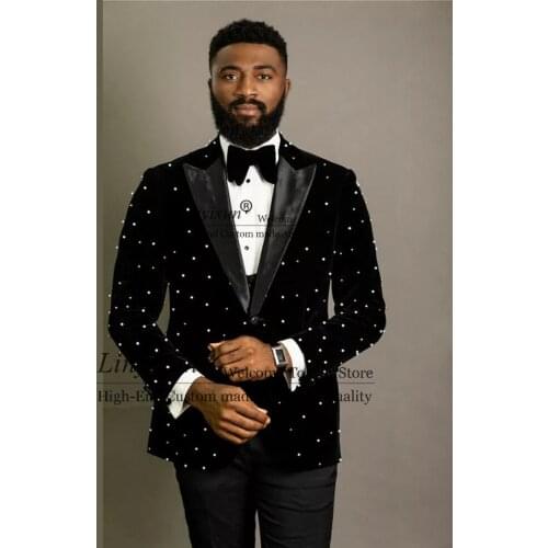 2021 New Pearl Beading Shiny Men Suits Costume Homme Groom Wear Tuxedos Wedding Terno Masculino Slim Fit 2 Pieces Blazer