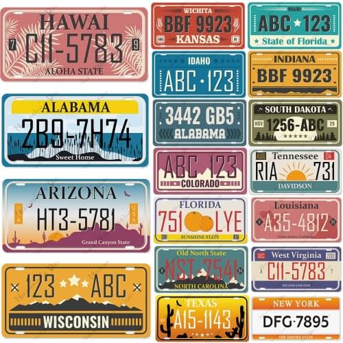 Car Number Wall Plate Retro Poster Metal Signs Poster State Licenses Plate Classic Mark Club Bar Home Wall Industrial Decoration