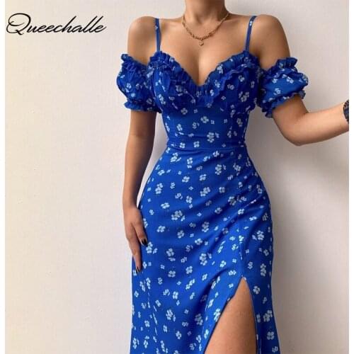 Floral Print Boho Dress 2021 Summer Sexy Sundress Womens Deep V neck Spaghetti Strap Slash Neck Slim Mid-length Dresses Party