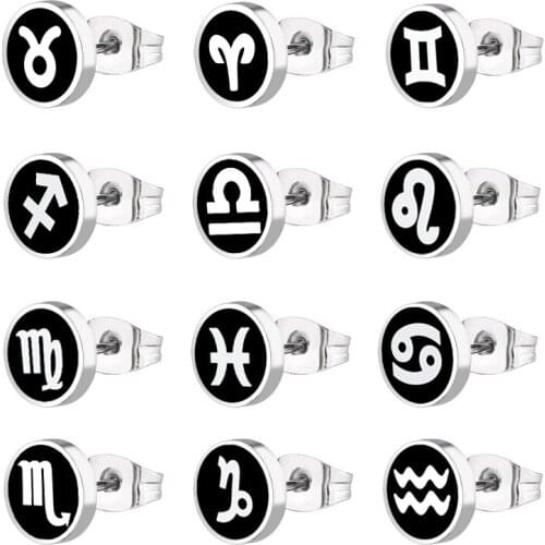 1pair Stainless Steel 12 Constellation Earrings Male Punk Screw Back Enamel Astrology Horoscope Zodiac Signs Stud Earrings