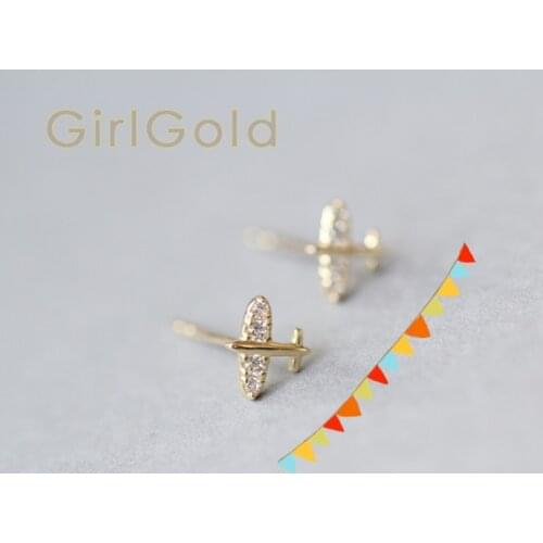 9K Solid Gold Aircraft Crystal Stud Earring Mini Dainty Women Minimal Simple Style Gift Bridesmaid