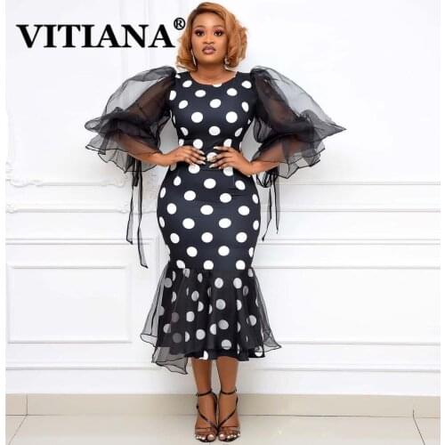 VITIANA Women Black Trumpet Dress Summer 2021 Female Dot Slim Sexy Party Long Dresses Femme Africa Office OL Vestidos