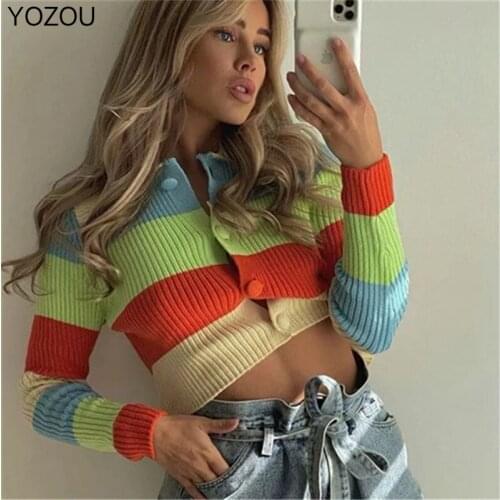 YOZOU Fall Y2k 2021 Cropped Cardigan Striped Rainbow Single Breasted Button Up Womens Sweater Crochet Top Knitted E-girl Cute