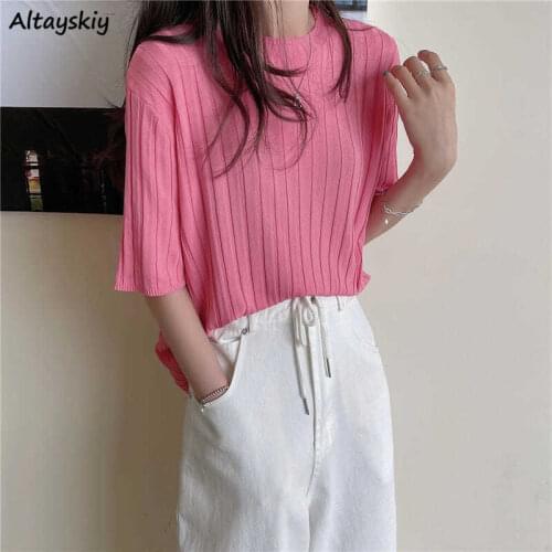 Women T-shirts Summer Knitted Slim Sweet All-match Candy Colors Fashion Korean Style Folds Simple Solid Comfort Leisure O-neck