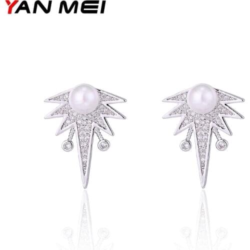 YAN MEI Earings Fashion Cubic Zirconia Silver Color Round Flower Stud Earrings Christmas Jewelry GLE7183
