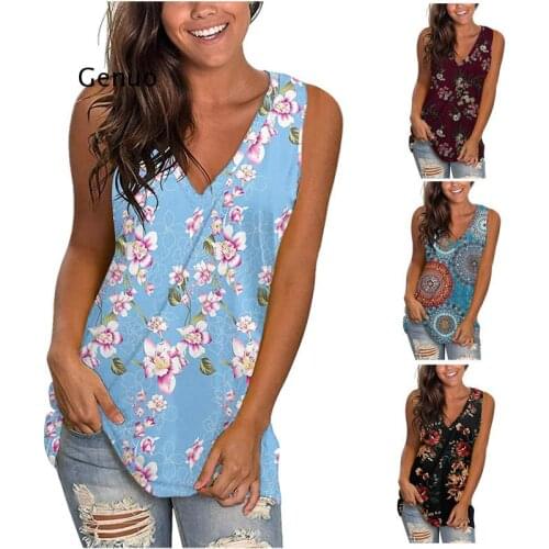 Loose T-Shirts Women Jumpers Sleeveless Tank Deep V-Neck Tops Woman Pullover Female Sexy Flowers Printed Cloth Undershit